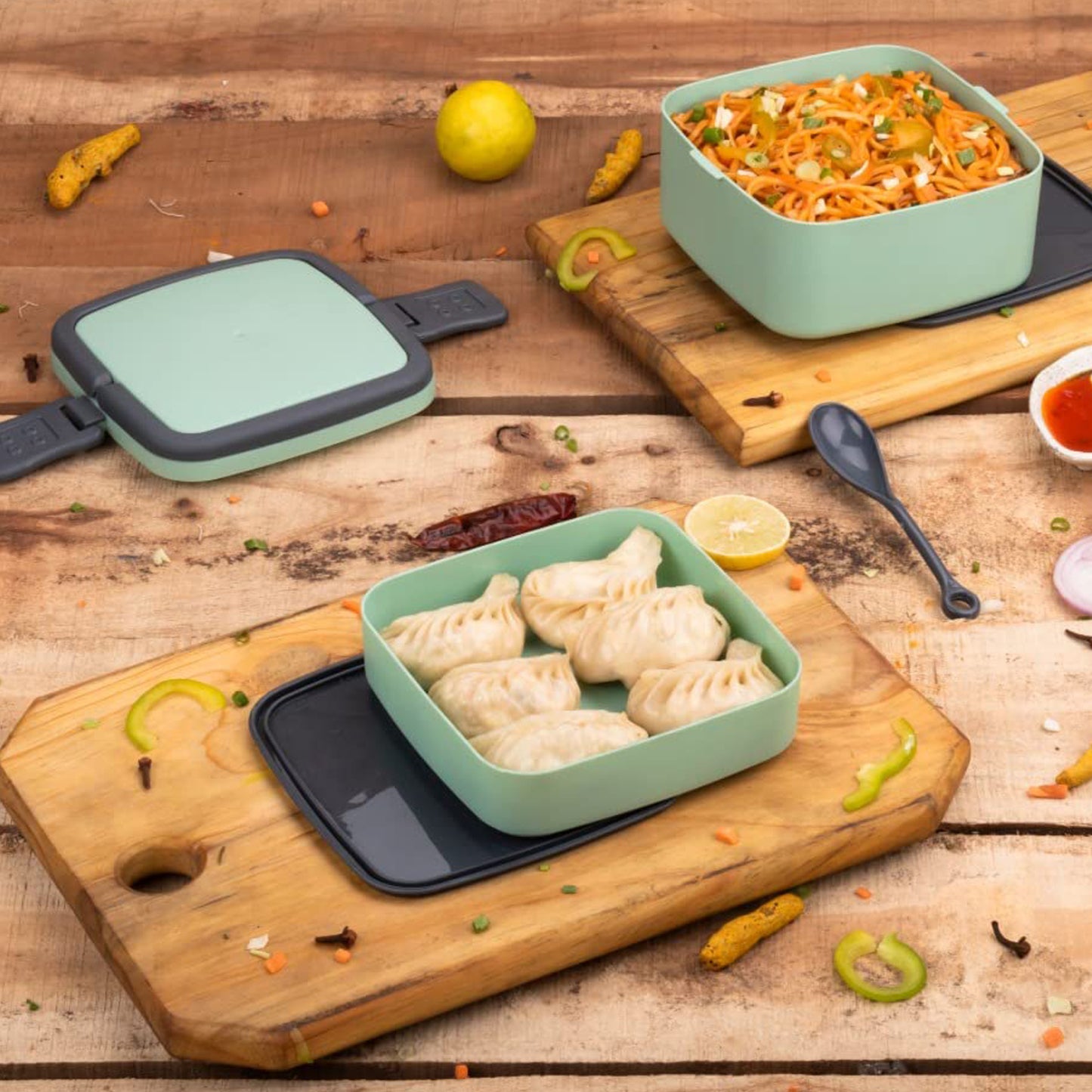 2860 Green Double-layer Portable Lunch Box Stackable With Carrying Handle And Spoon Lunch Box - eazy cart store