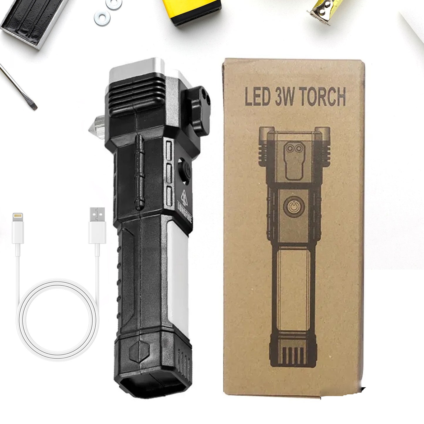 1524 Portable 3w Rechargeable Torch Led Flashlight Long Distance Beam Range Hammer And Strong Magnets Window Glass And Seat Belt Cutter 4 Modes For Car Camping Hiking Indoor Outdoor - eazy cart store