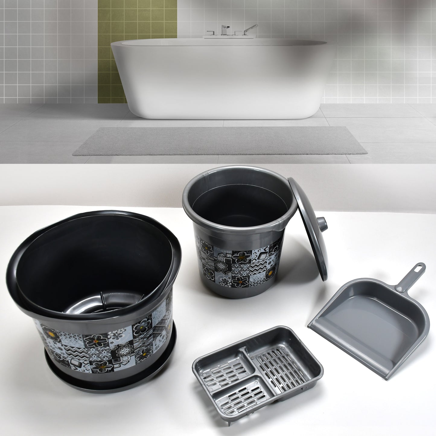 4050 Large Capacity Plastic Bathroom Set Of 7pieces (1pc Big Tub 1pc Bucket1pc Dustbin 1pc Mug 1pc Soap Case 1pc Dustpan 1pc Stool) - eazy cart store