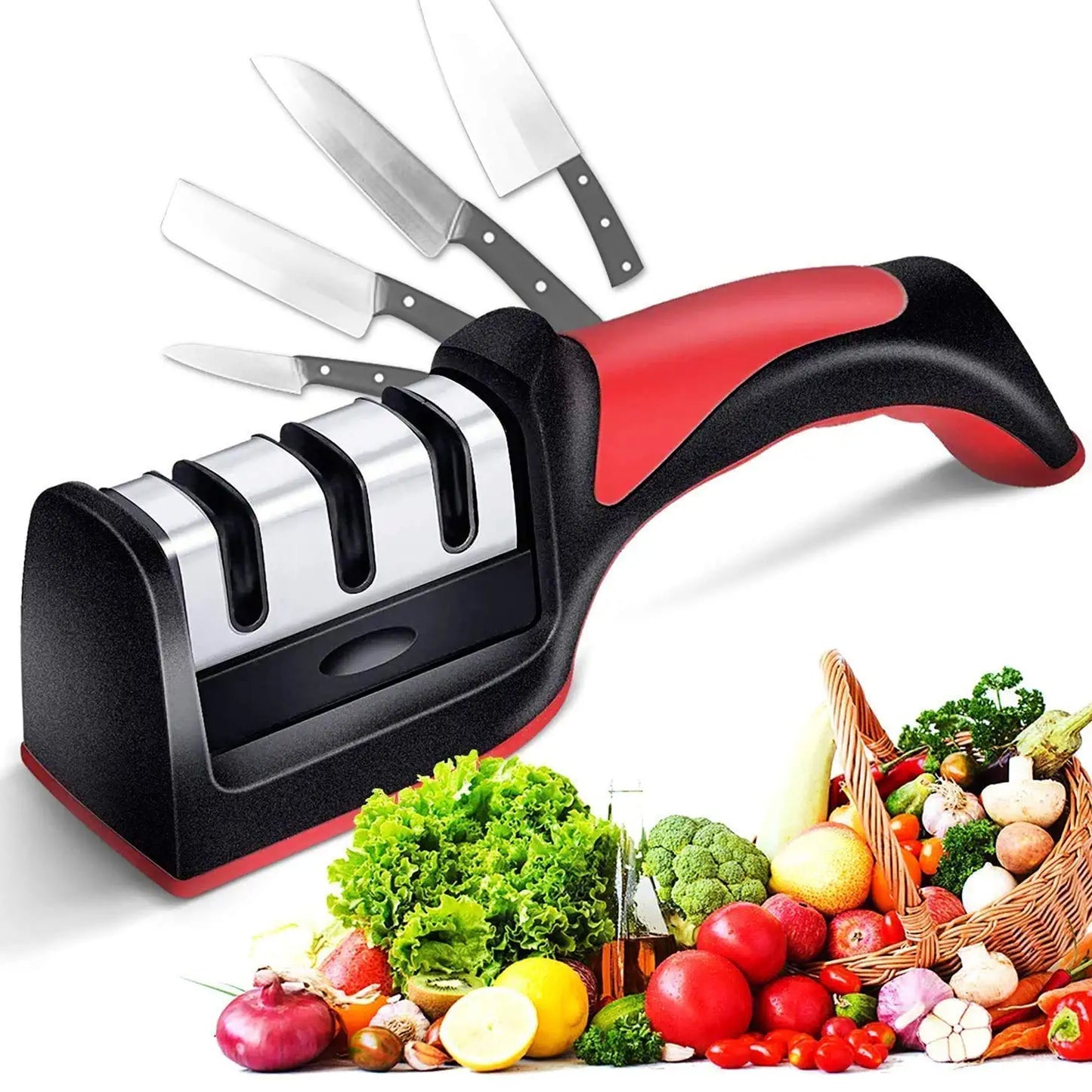 2051 Manual Red Knife Sharpener 3 Stage Sharpening Tool For Ceramic Knife And Steel Knives. - eazy cart store