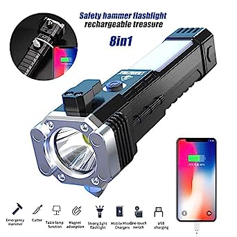 1524 Portable 3w Rechargeable Torch Led Flashlight Long Distance Beam Range Hammer And Strong Magnets Window Glass And Seat Belt Cutter 4 Modes For Car Camping Hiking Indoor Outdoor - eazy cart store