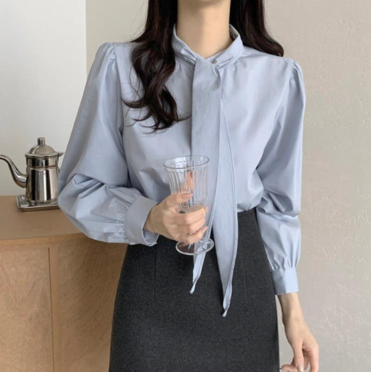 Spring New Gentle Lace-up Bow Tie Design Puff Sleeve Solid Color Shirt For Women