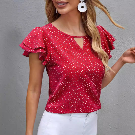 Women's New Polka Dot Ruffle Sleeve V-neck Top