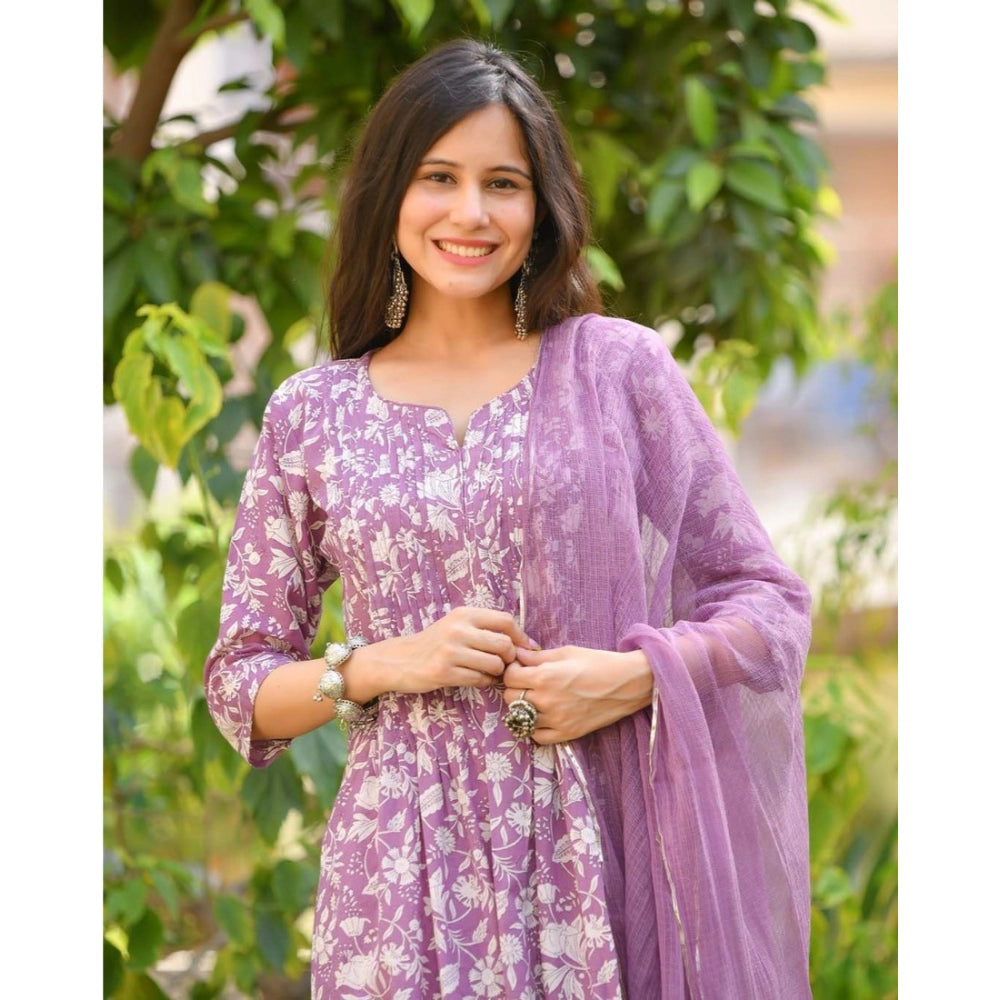 Generic Women's Casual 3/4th Sleeve Printed Cotton Kurti Set (Purple)