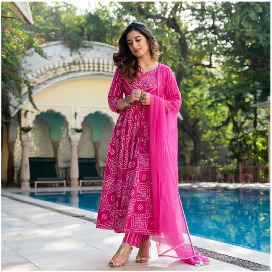 Generic Women's Casual 3/4th Sleeve Printed Cotton Kurti Set (Pink)