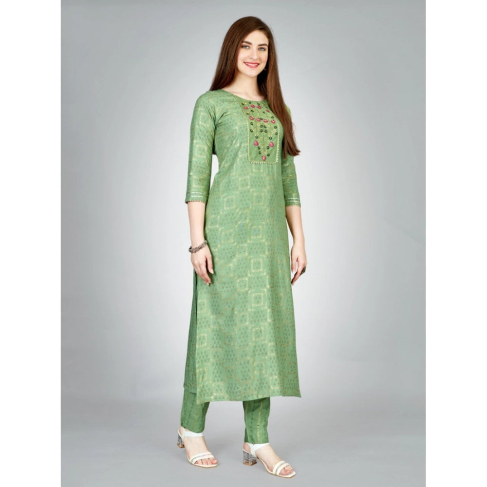 Generic Women's Casual 3-4 th Sleeve Embroidery Rayon Kurti Pant Set (Light Green)