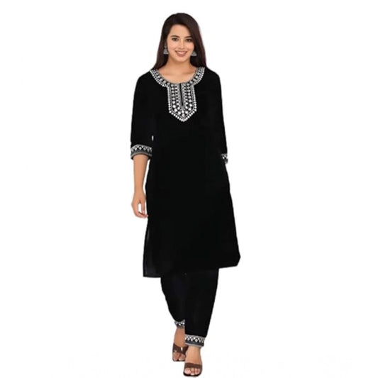 Generic Women's Cotton Printed 3-4th Sleeve Calf Length Kurti with Pant Set (Black)