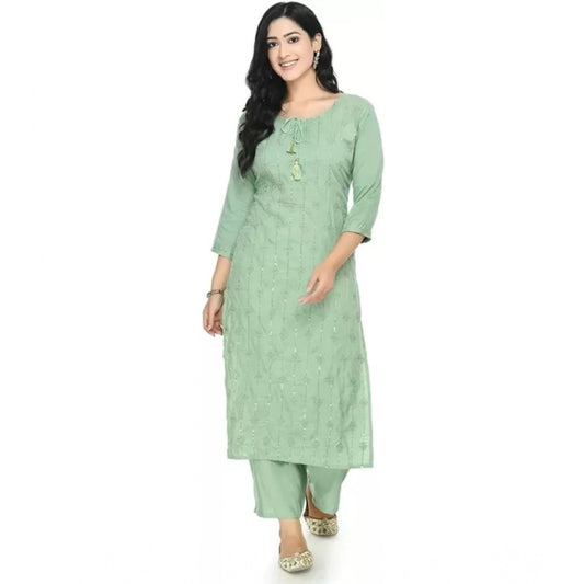 Generic Women's Cotton Embroidery 3-4th Sleeve Calf Length Kurti with Pant Set (Green)