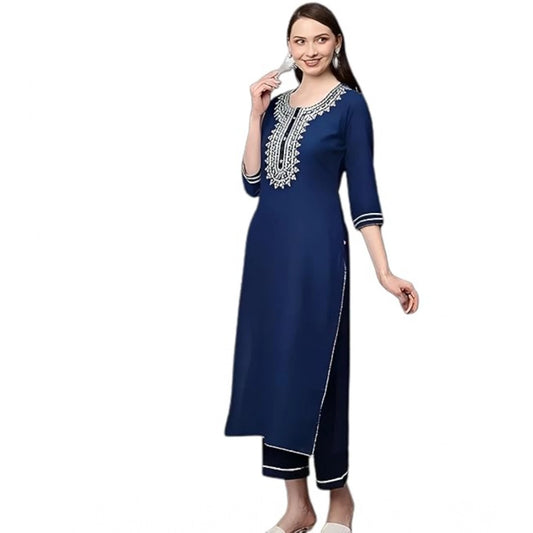 Generic Women's Cotton Printed 3-4th Sleeve Ankle Length Kurti with Pant Set (Blue)