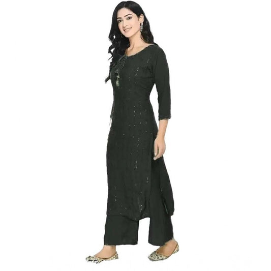 Generic Women's Cotton Embroidery 3-4th Sleeve Calf Length Kurti with Pant Set (Black)