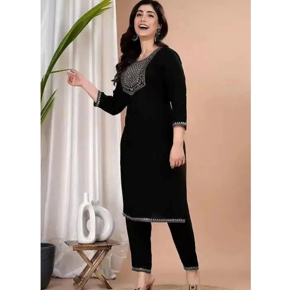 Generic Women's Cotton Embroidery 3-4th Sleeve Calf Length Kurti with Pant Set (Black)
