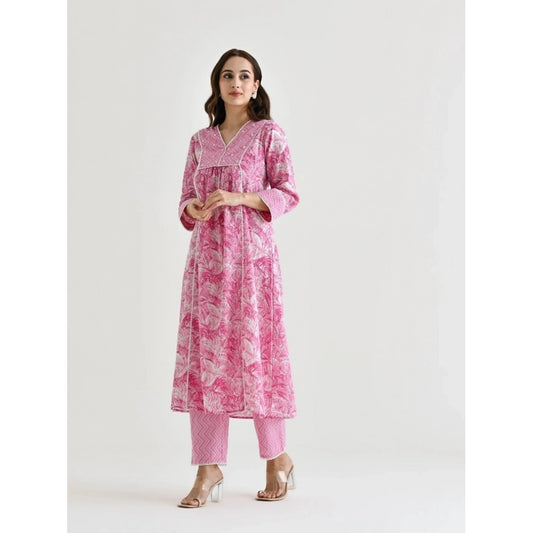 Generic Women's Cotton Blend Printed V Neck Kurti with Pant Set (Pink)