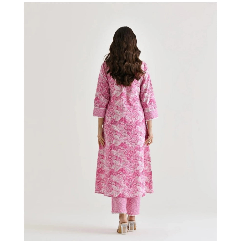 Generic Women's Cotton Blend Printed V Neck Kurti with Pant Set (Pink)