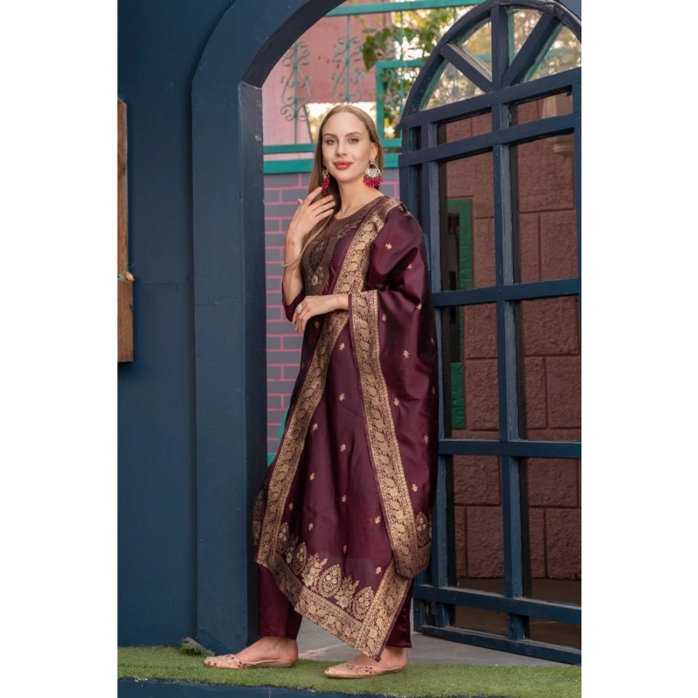 Generic Women's Cotton Blend Printed Round Neck Kurti with Pant and Dupatta Set (Maroon)