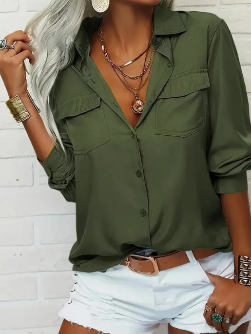 Ladies' Solid Color V-neck Lapel Pocket Casual Shirt