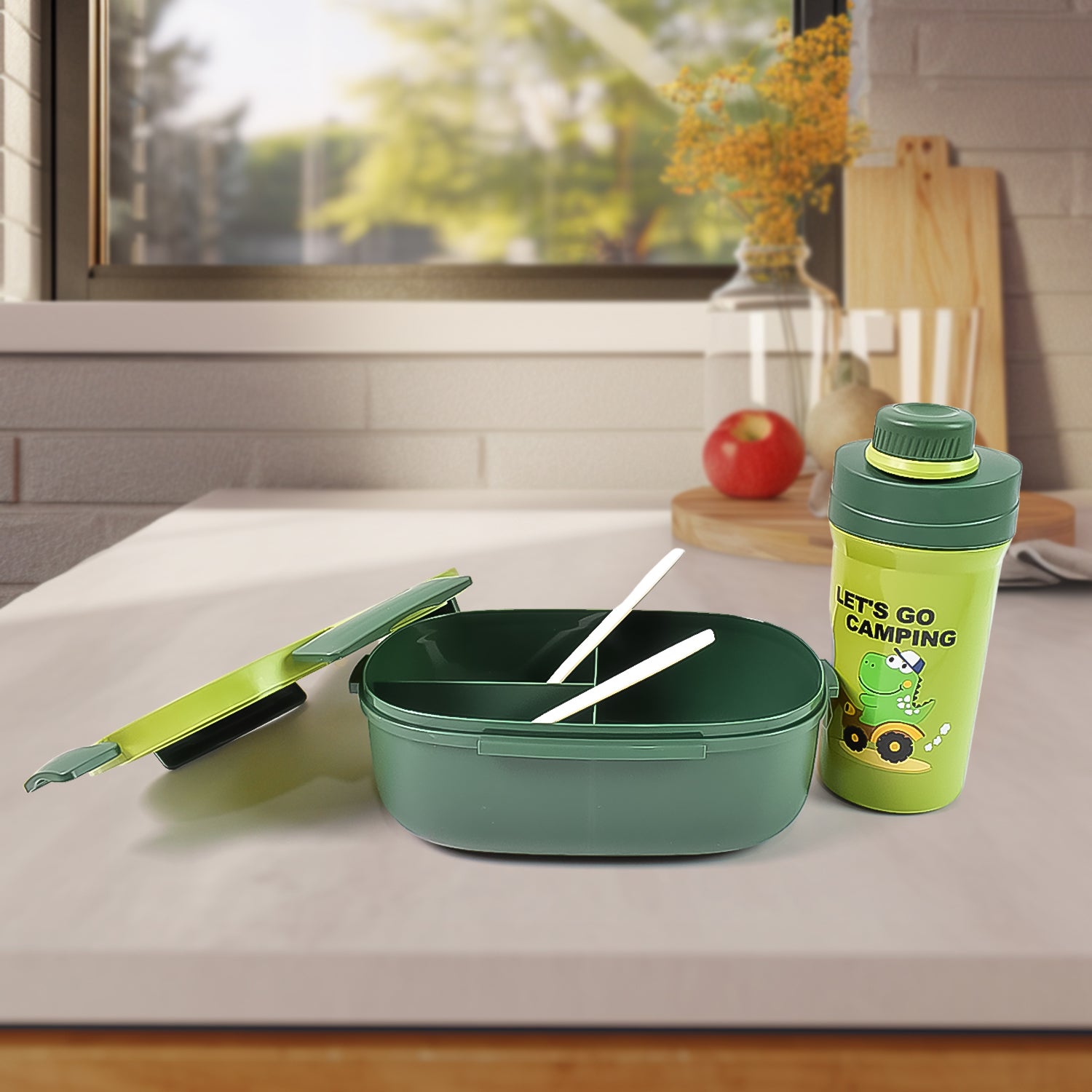 Plastic Lunch Box Leak Proof 3 Compartment With Bottle Spoon And Fork (1 Set) - eazy cart store