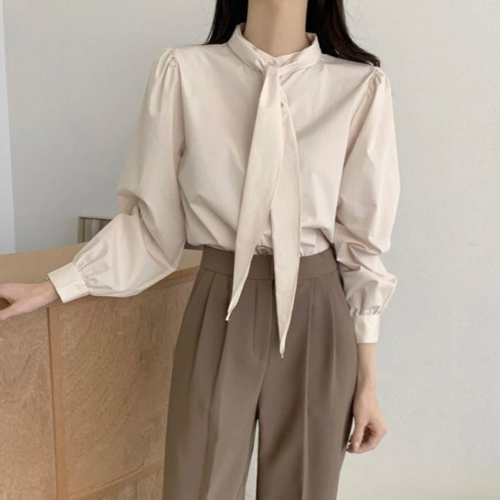 Spring New Gentle Lace-up Bow Tie Design Puff Sleeve Solid Color Shirt For Women
