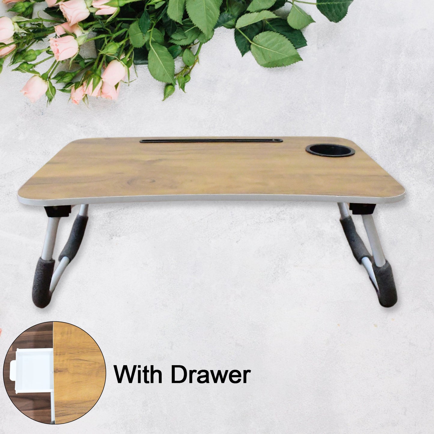 Multi-purpose Laptop Desk For Study And Reading With Foldable Cupholder  Drawer (1 Pc  Mix Plain Design  5838 Cm) - eazy cart store
