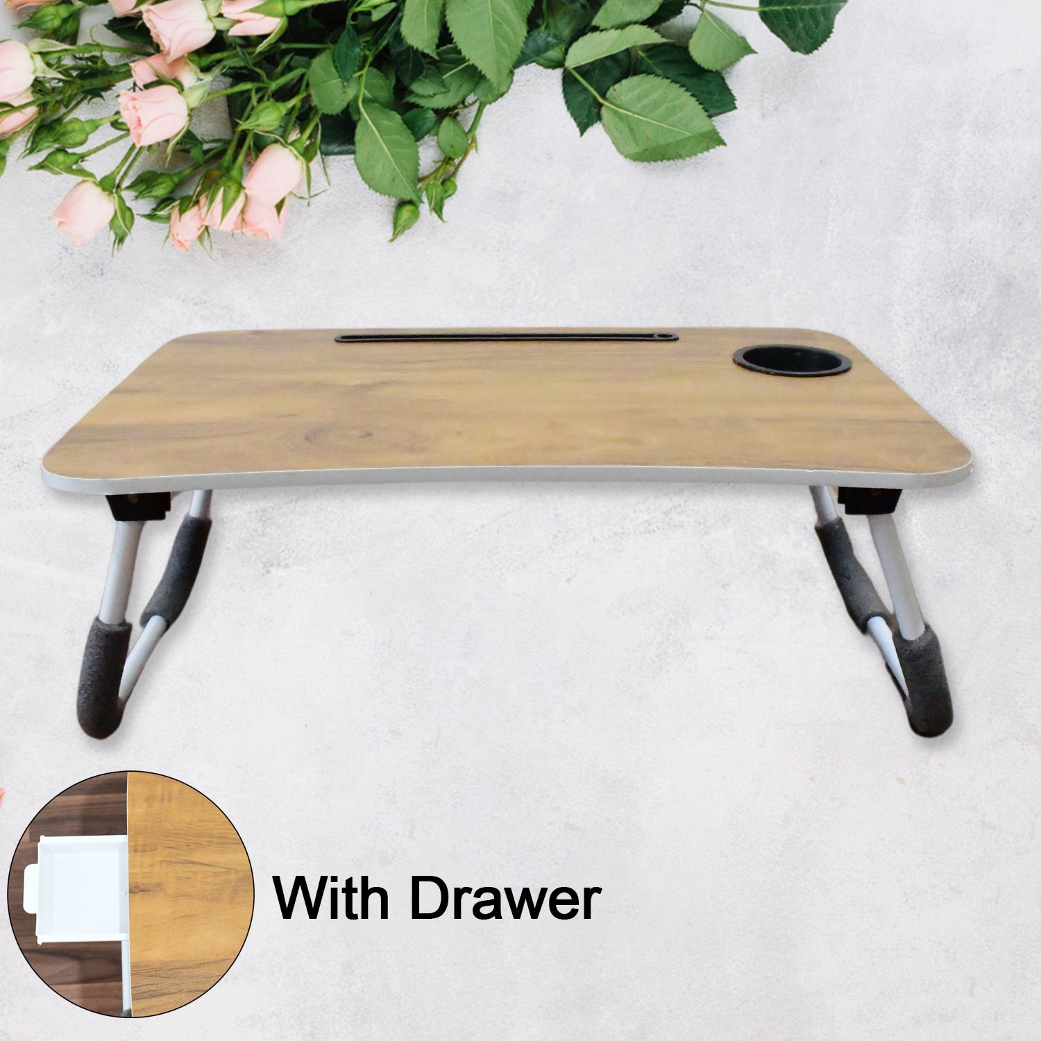 Multi-purpose Laptop Desk For Study And Reading With Foldable Cupholder  Drawer (1 Pc  Mix Plain Design  5838 Cm) - eazy cart store
