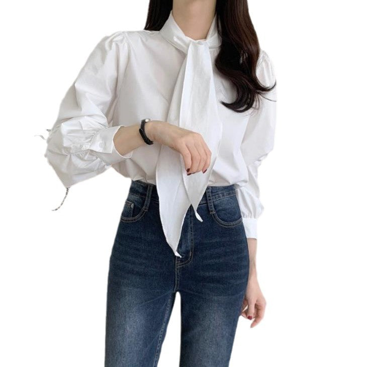 Spring New Gentle Lace-up Bow Tie Design Puff Sleeve Solid Color Shirt For Women