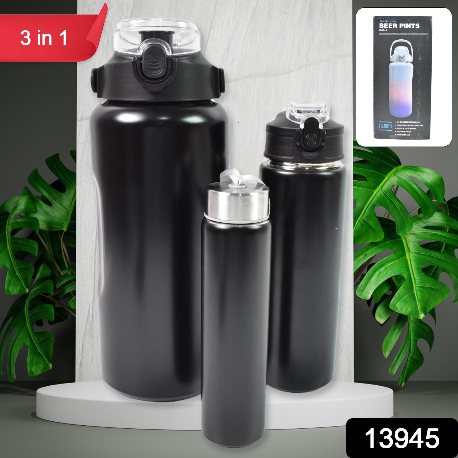 3 In 1 Stainless Steel Insulated Water Bottle Double Wall Vacuum (3 Pcs Set  Different Size) - eazy cart store