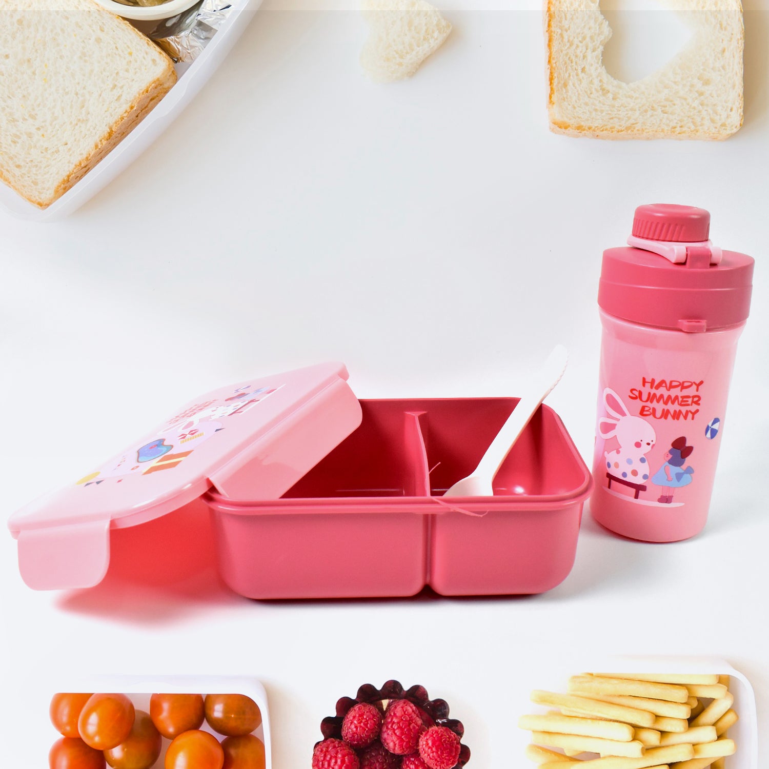 Plastic Lunch Box Leak Proof 2 Compartment With Bottle And Fork (1 Set  Mix Color) - eazy cart store