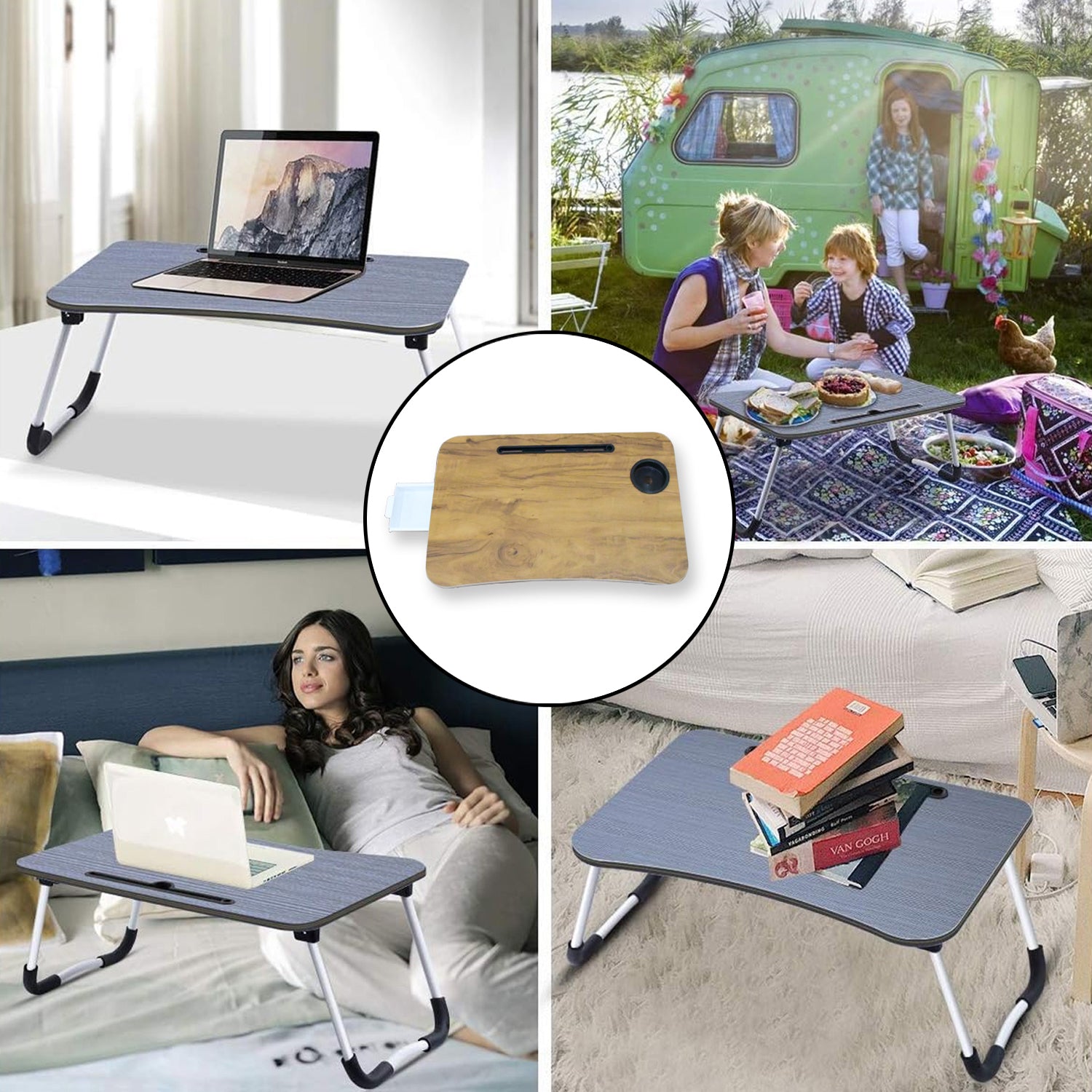 Multi-purpose Laptop Desk For Study And Reading With Foldable Cupholder  Drawer (1 Pc  Mix Plain Design  5838 Cm) - eazy cart store