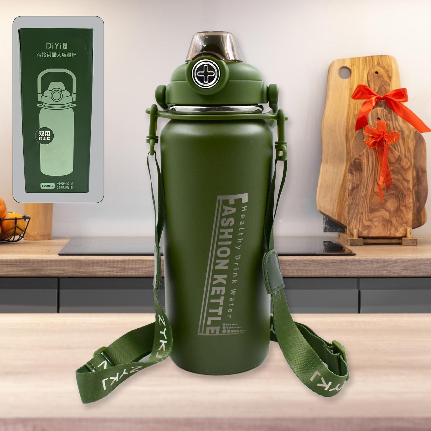 13039 Liter Stainless Steel Water Bottle With Straw Strap  Handle  Vacuum Insulated Thermos Flask Double-walled Coffee Thermos Flask Leak-proof Water Bottle For Sports Fitness Gym (1500ml) - eazy cart store