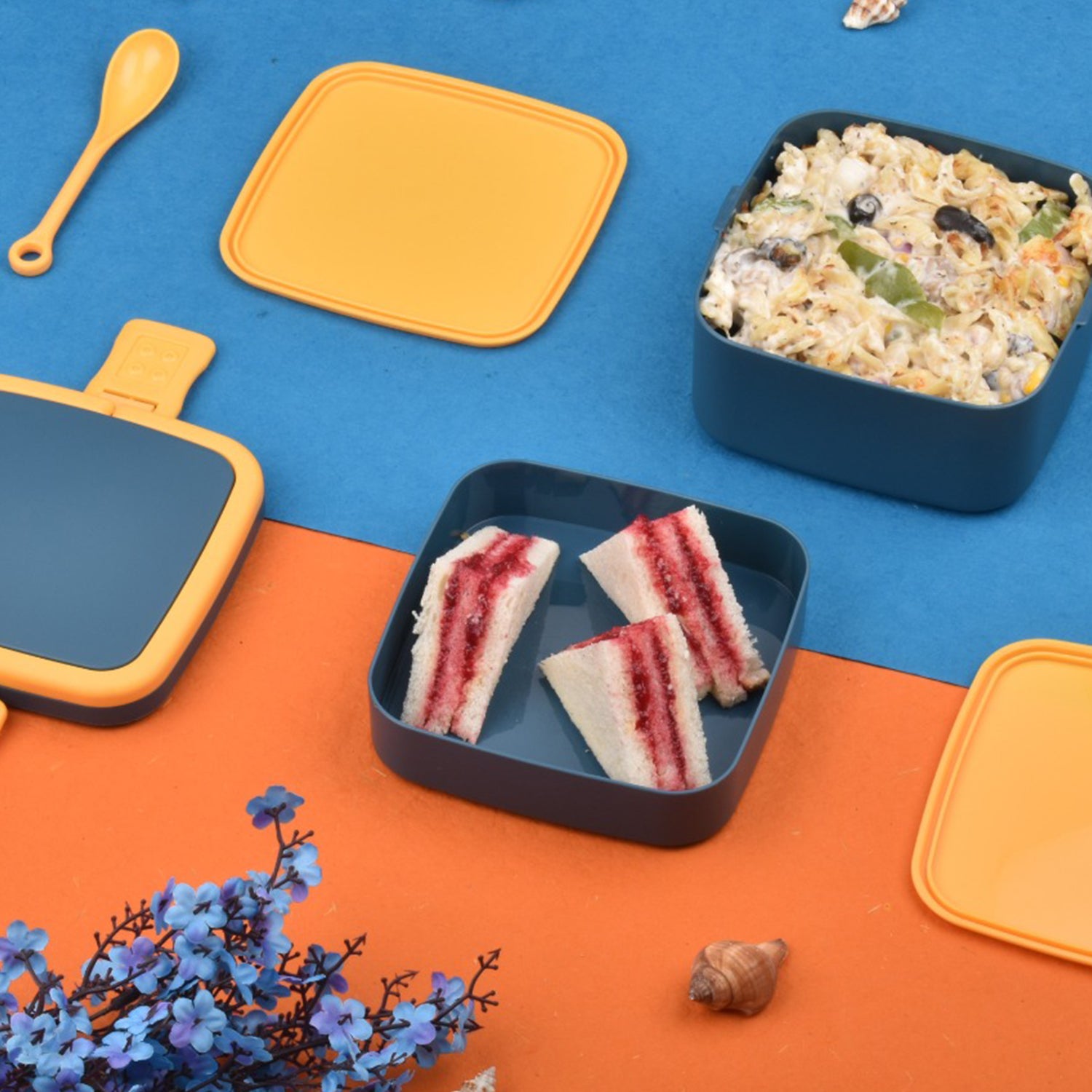 2868 Blue Double-layer Portable Lunch Box Stackable With Carrying Handle And Spoon Lunch Box - eazy cart store