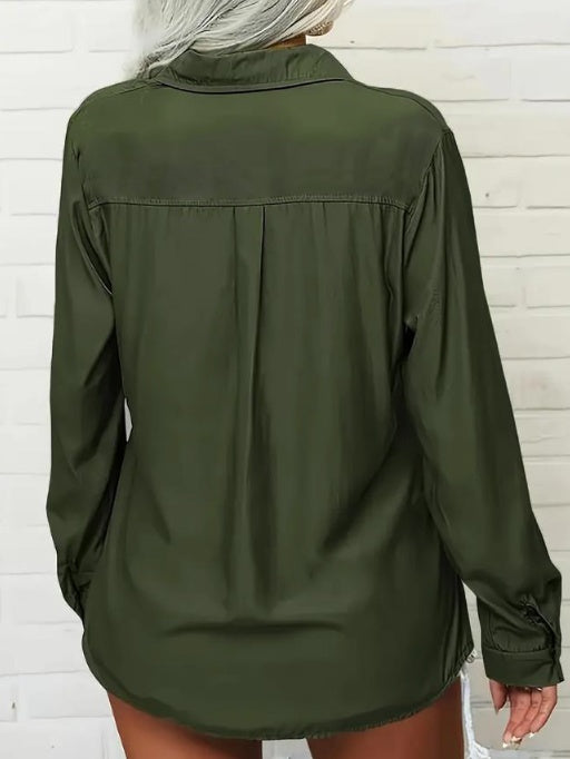 Ladies' Solid Color V-neck Lapel Pocket Casual Shirt