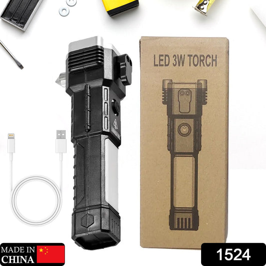 1524 Portable 3w Rechargeable Torch Led Flashlight Long Distance Beam Range Hammer And Strong Magnets Window Glass And Seat Belt Cutter 4 Modes For Car Camping Hiking Indoor Outdoor - eazy cart store