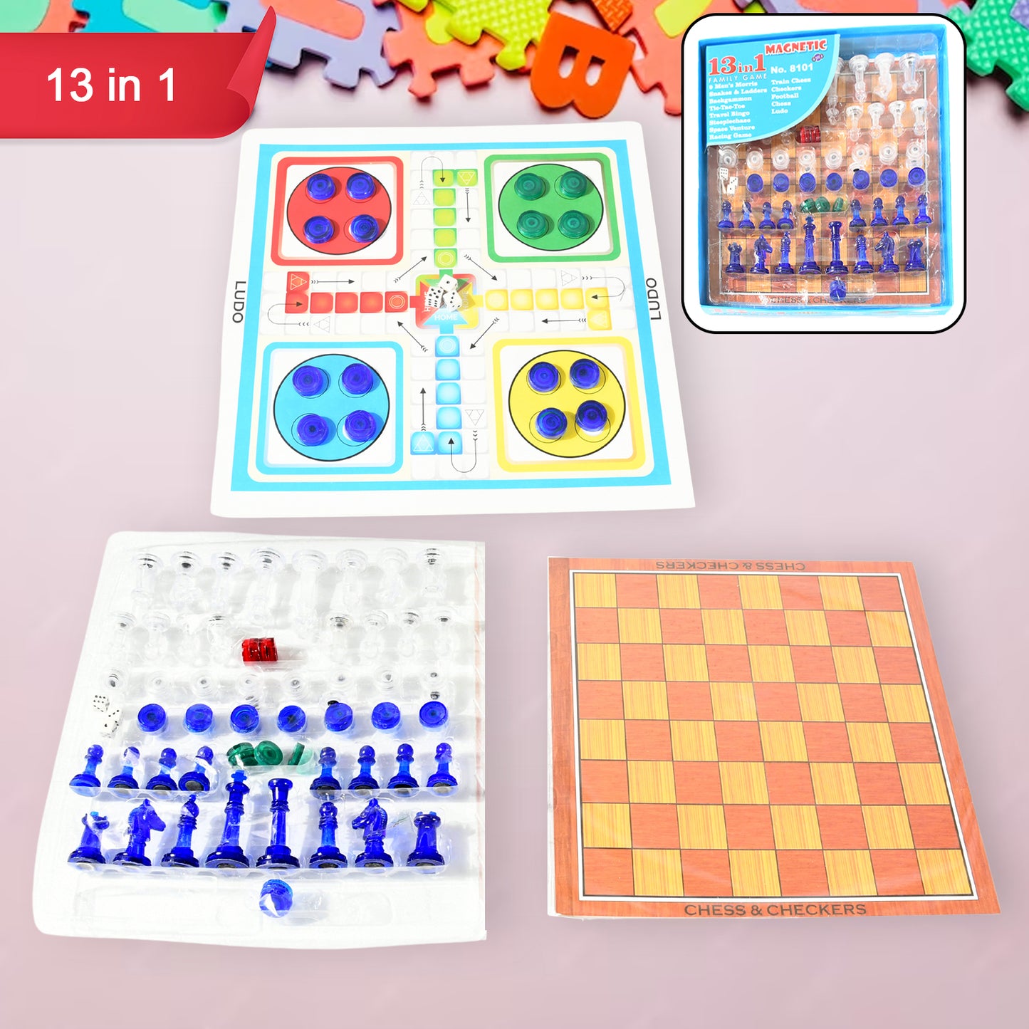 17669 13 In 1 Family Board Game Chess Snakes  Ladders Ludo Tic-tac-toe Checkers Travel Bingo Football Space Venture Steeplechase Set For Kids - eazy cart store