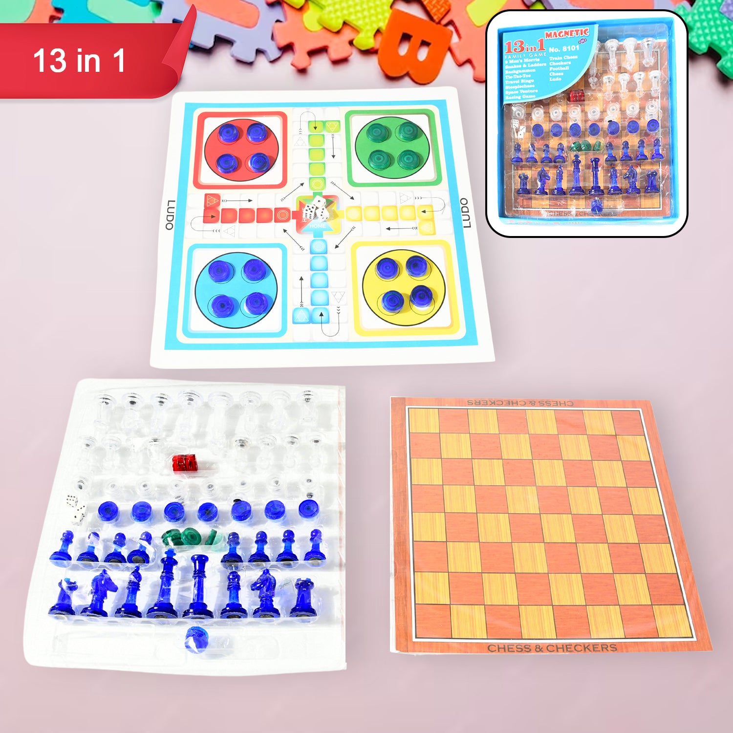 17669 13 In 1 Family Board Game Chess Snakes  Ladders Ludo Tic-tac-toe Checkers Travel Bingo Football Space Venture Steeplechase Set For Kids - eazy cart store
