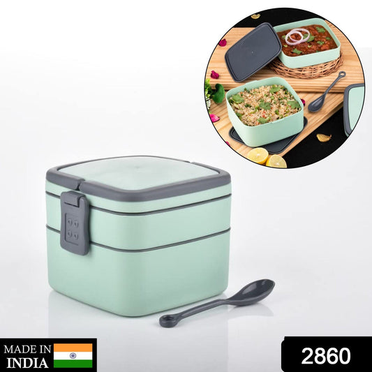 2860 Green Double-layer Portable Lunch Box Stackable With Carrying Handle And Spoon Lunch Box - eazy cart store