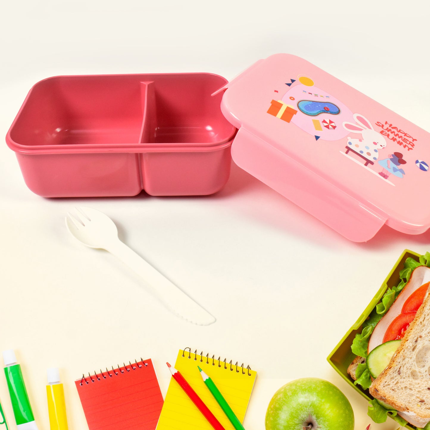 Plastic Lunch Box Leak Proof 2 Compartment With Bottle And Fork (1 Set  Mix Color) - eazy cart store