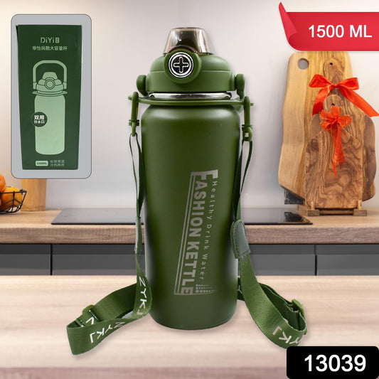 13039 Liter Stainless Steel Water Bottle With Straw Strap  Handle  Vacuum Insulated Thermos Flask Double-walled Coffee Thermos Flask Leak-proof Water Bottle For Sports Fitness Gym (1500ml) - eazy cart store