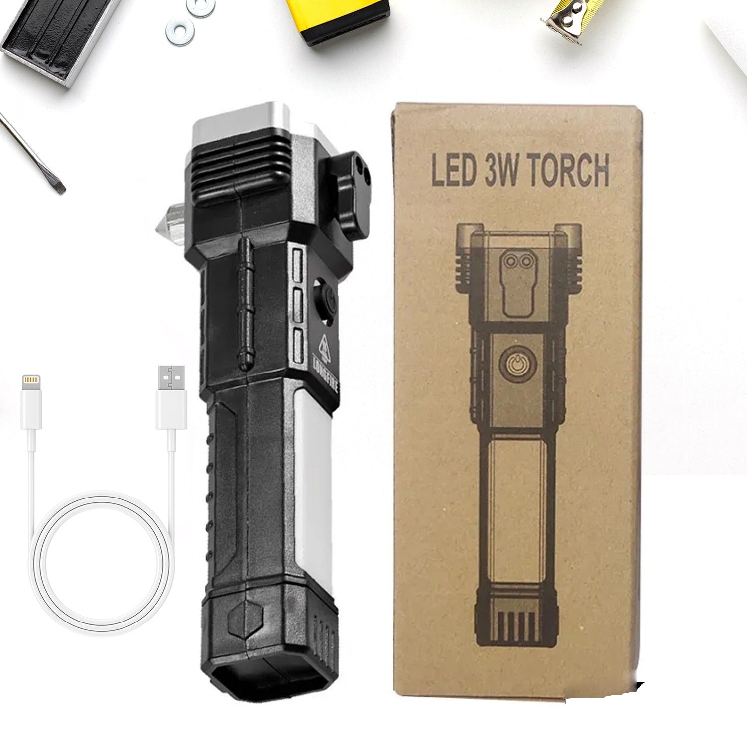 1524 Portable 3w Rechargeable Torch Led Flashlight Long Distance Beam Range Hammer And Strong Magnets Window Glass And Seat Belt Cutter 4 Modes For Car Camping Hiking Indoor Outdoor - eazy cart store
