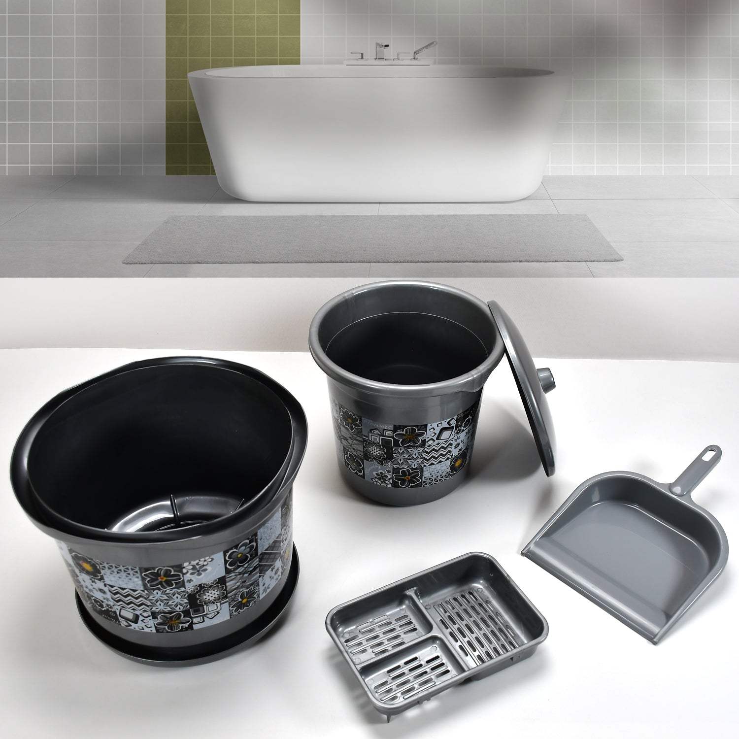 4050 Large Capacity Plastic Bathroom Set Of 7pieces (1pc Big Tub 1pc Bucket1pc Dustbin 1pc Mug 1pc Soap Case 1pc Dustpan 1pc Stool) - eazy cart store